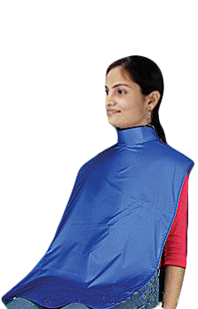 woman wearing a custom dental apron with thyroid collar in blue color