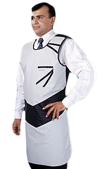 man wearing a standard lead vinyl apron in white color
